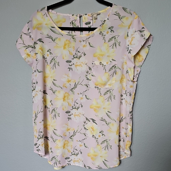 Lily White Romantic XL Pink and Yellow Floral Short Sleeve Relaxed Blouse - Picture 1 of 9